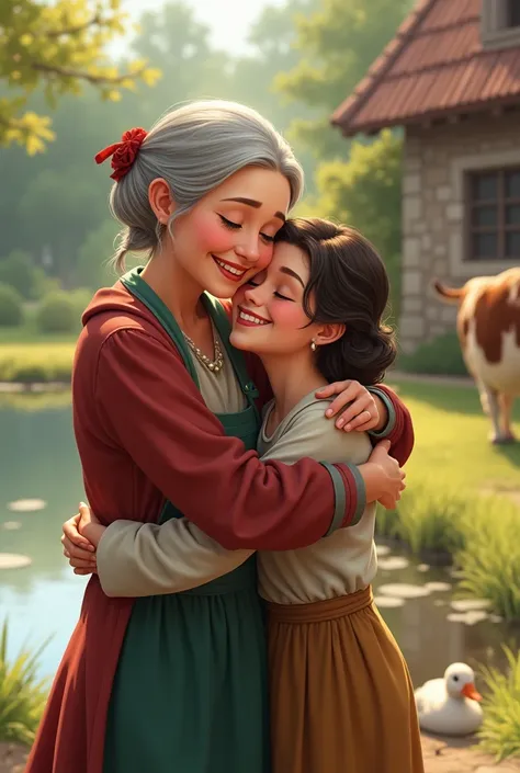 Juliet with Maria at the farmhouse: A heartwarming scene of an elderly woman, Juliet, joyfully embracing her granddaughter, Maria, outside the farmhouse. Juliet is dressed in simple village attire, and Maria looks happy to see her. The background shows the...