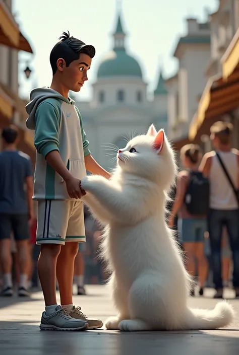 A white realistic fluppy cat and cr ronaldo is meet-up in public places.