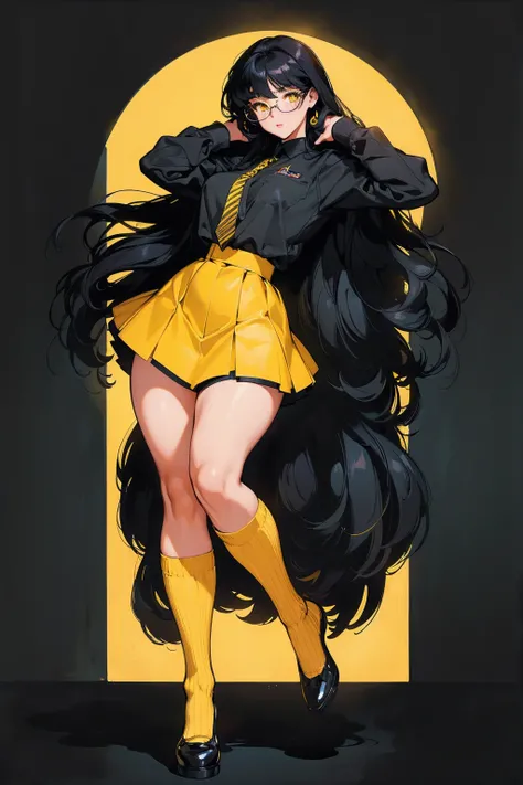 (best lighting), (best quality, masterpiece:1.2), illustration by hajime sorayama, perfect body, hyperfeminine curves, woman, 2, (((very long black hair))), (((yellow eyes))), glasses, thick, curvy, high fashion, short socks, skirt, leather, solo