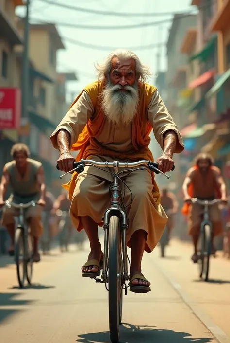 I need an indian old man riding a bike very speed. In different angles shot
