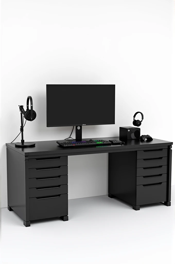 Gamer setup with microphone, xbox, microphone, Earphones, a screen and a black desk 2 meters long and with 3 drawers on the right side,  on a white background