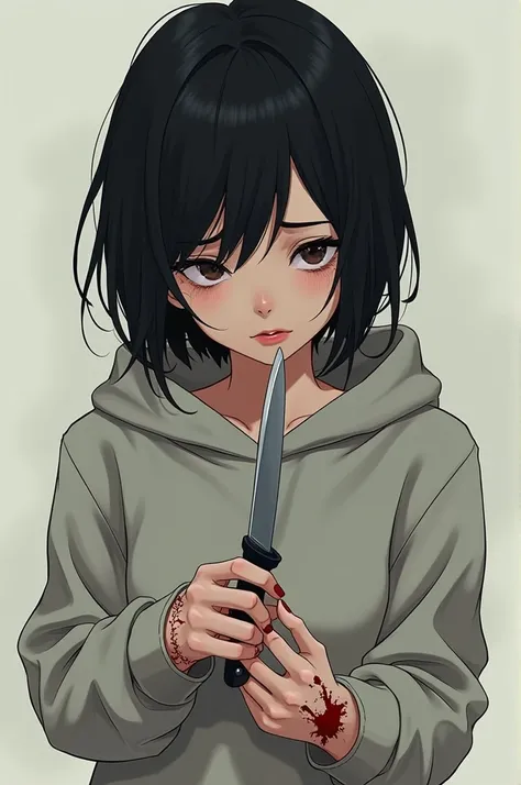 Draw in anime style, a girl with androginistic features, black hair, a hoodie, cutting herself, she has lots of deep cuts on her wrist and a knife cuting herself with them