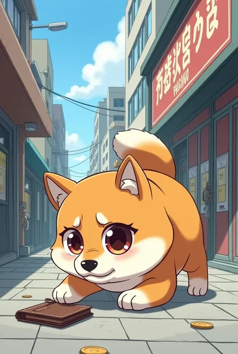 Line stamp specifications、anime、Pachinko parlor entrance、A cute-eyed Shiba Inu is on his hands and knees in despair and despair on the street、I lost at pachinko、A wallet and some coins are lying at my feet、Somehow comical and interesting、The background is ...