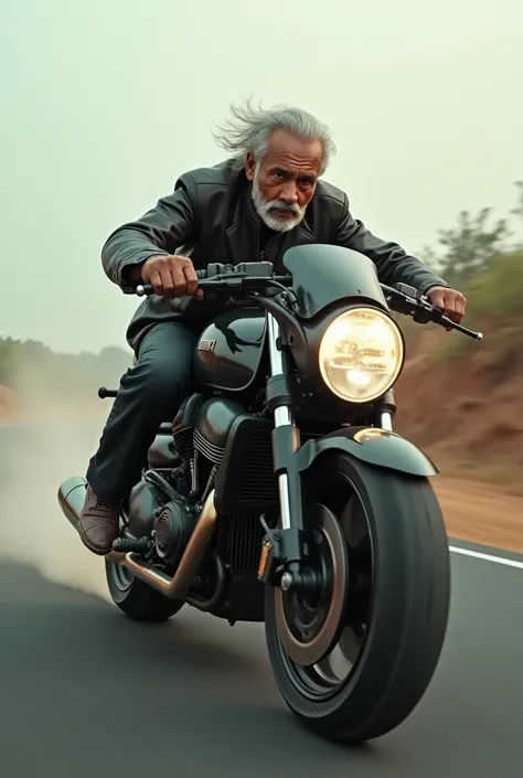 I need an indian old man riding a superbike very speed. The photo isa side shot lookes like shot on GoPro
