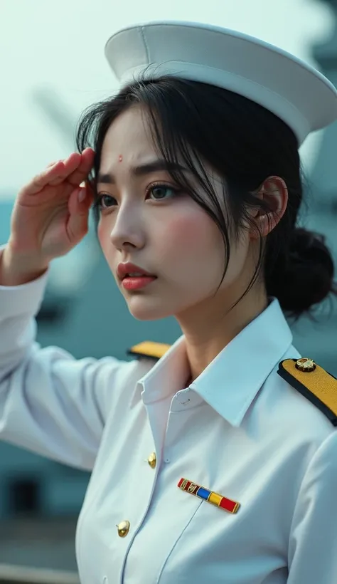 documentary photo, Photo-realistic, dramatic scene, (very beautiful Japanese, famous Japanese idol but naval commander:1.3), super cute face, wearing a white naval uniform, on a large battleship, (salute:1.4), crying