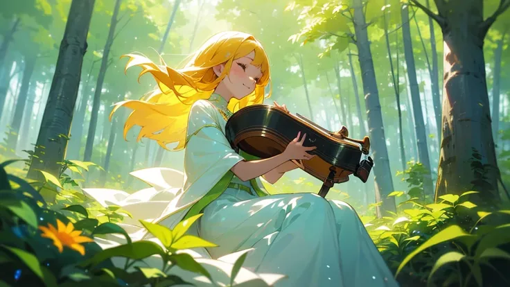 Create a bright and soothing scene of a beautiful woman playing music in a forest. She should have a radiant smile and flowing hair, dressed in light, natural fabrics. Surround her with vibrant greenery and colorful flowers, with soft sunlight streaming th...