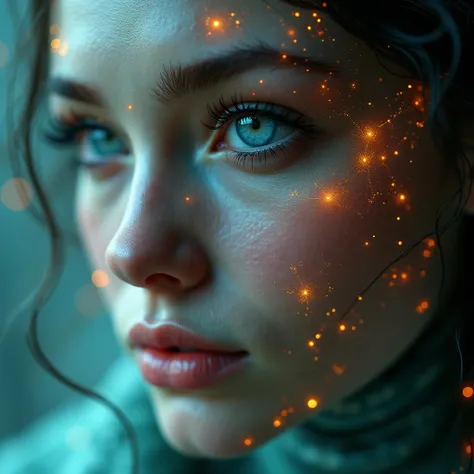 Explore a cinematic close-up of a marvelous and divine woman, natural eyes with an intense gaze, intricately detailed and resembling an ethereal organism, infused with a network of glowing neural pathways. Focus on the anatomical features of her face, harm...