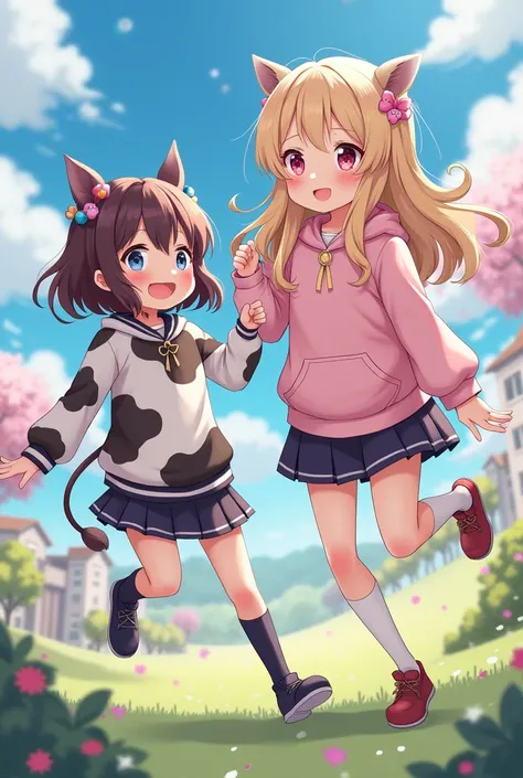 2 young girls their uniform was cow and pink hoodie anime style 