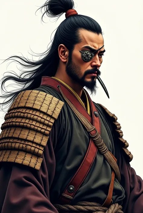 Japanese warlord Sengoku Date Masamune - wearing an eyepatch on his left eye、長いtherefore髪の武士 ・豪華なmoneyの装飾が施された甲冑 ・二刀流の刀を構えている ・背景に日本風の筆で描かれた模様 ・風になびくマントや髪 ・力強く、Hall々Strong posture and powerful presence々Cool look and style: Powerful and majestic Japanese ar...