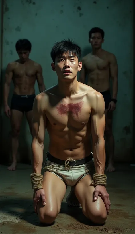 handsome korean young man  on his face and sexy body, shirtless, wearing only dirty and worn underwear after being beaten by thugs, his body was tied with rope and forced to bow in front of the thugs