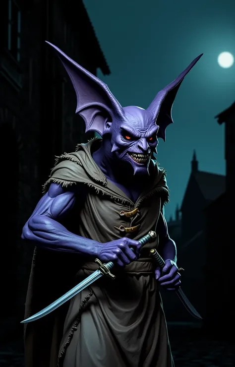 A purple creature with large, pointy ears. Face resembles that of a bat. It&#39;s a killer in a dark alley of a medieval town. He wears a brown cape and carries two daggers..