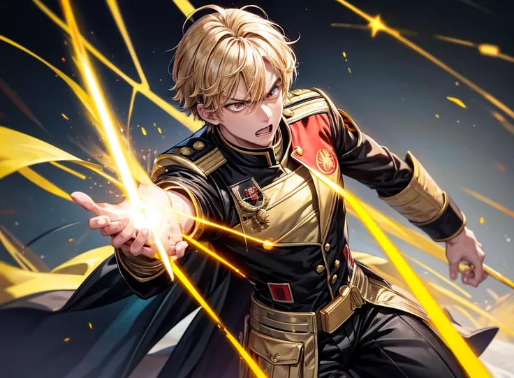 Golden yellow Bond boy, red eyes, star wars marshal uniform, high resolution, Angry, releases electric magic 