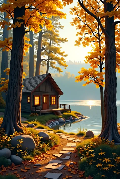 Cabin on the shore of a lake, tall trees with yellow leaves, Sunset with sunlight between the trees and a path 