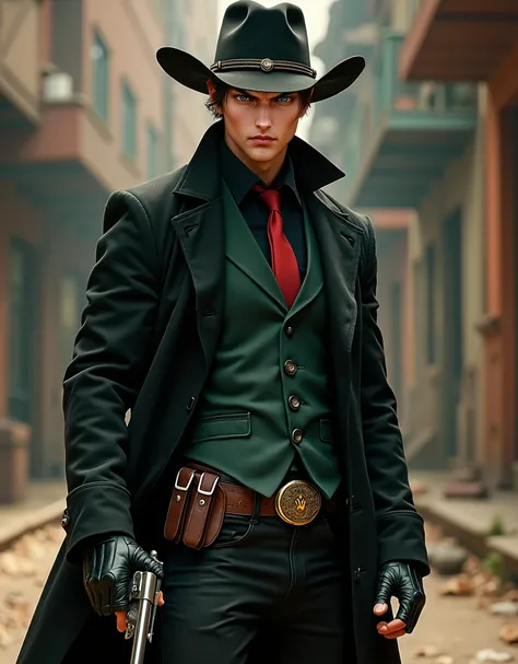 8k, solo, solo focus, 1 young black-haired man, dark green vest, serious look, 1 man, green eyes, full body shot, cowboy bounty hunter on a modern setting, cowboy shot, black hat, black shirt, red necktie, long black coat, fingerless gloves, black pants, b...