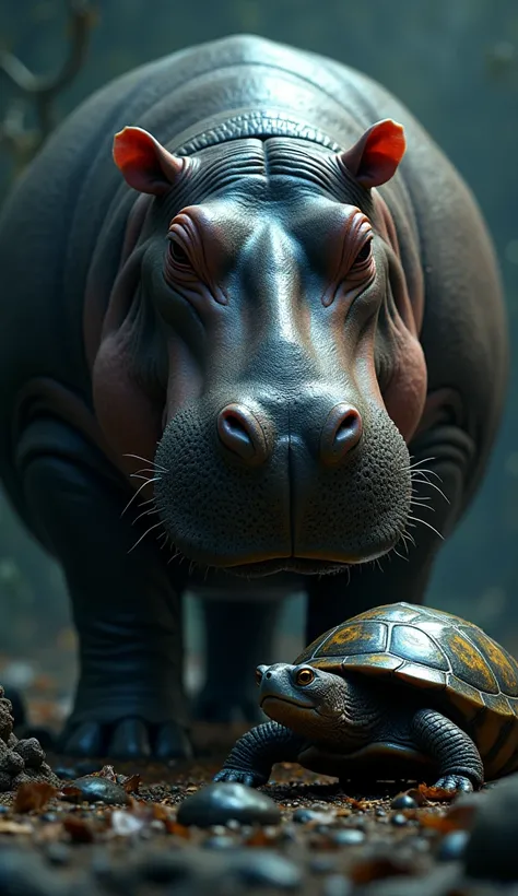 hippo,turtle ,montero,dark place, (best quality,4k,8k,highres,masterpiece:1.2),ultra-detailed,(realistic,photorealistic,photo-realistic:1.37),HDR,UHD,studio lighting,ultra-fine painting,sharp focus,physically-based rendering,extreme detail description,prof...