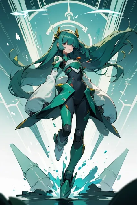 robot, feminine figure, disconnected floating arms, long hair (blue-green color, 2 long hairpins), long bangs, blue-green metal shell, thruster feet, bamboo forest