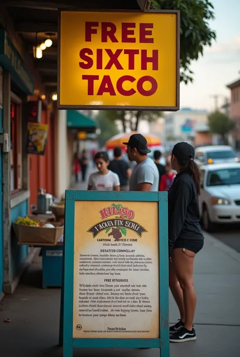 Give me a photo evidence that looks naturally taken in a not-so-street carnitas stand where there is a sign the size of a letter sheet with a yellow design that says &quot;Your sixth taco is free&quot; in large and visible black and a little smaller that s...