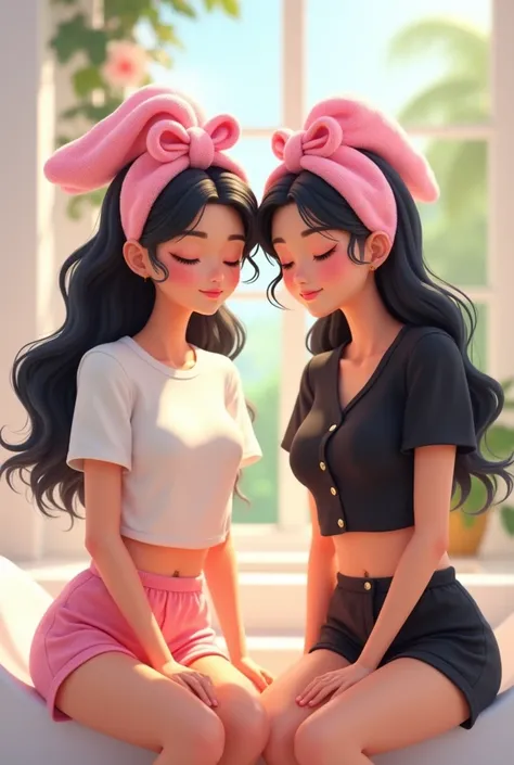 2 girls in their 20’s doing skin care routine at white bathroom, both with very long black loose long hair, one wearing pink silk shorts and white T-shirt with hair pulled nack in pink towel fabric headband with bow, the other wearing black short sleeved b...