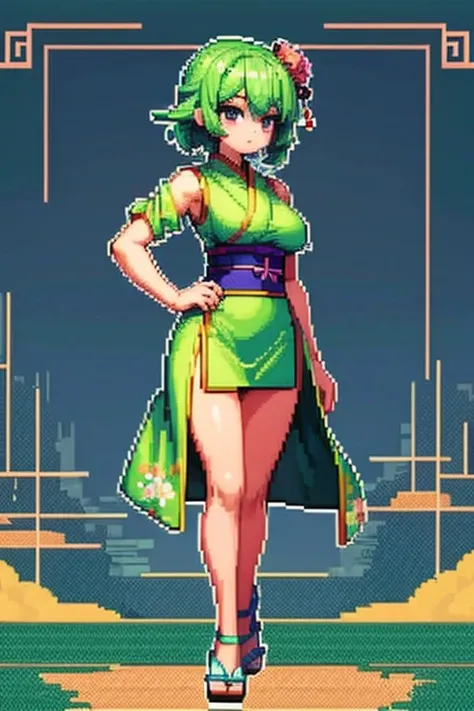 (masterpiece, top quality, best quality), pixel,pixel art,1girl,full body, with japanese qipao short clothes green,body to right...