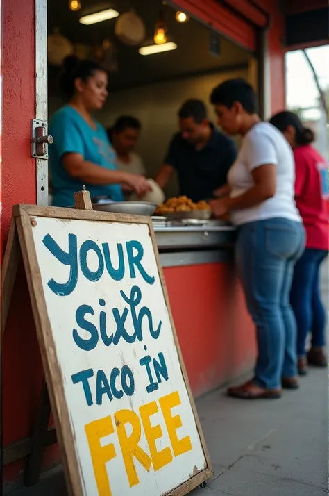 Give me a photo evidence that looks naturally taken at a not-so-street carnitas stand where there is a letter-sized sign with a yellow design that says “Your sixth taco is free.” 