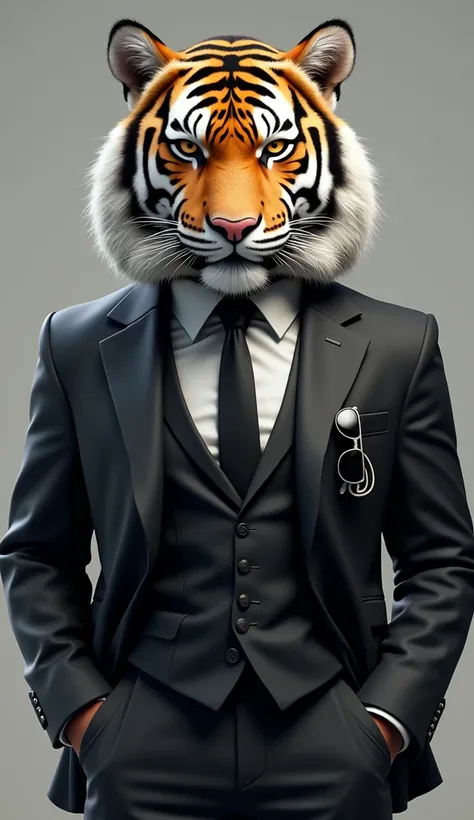 Design a realistic 3D model of a fierce tigers face, with intense eyes and sharp facial features. The tiger should be dressed in a sleek, modern bodyguard outfit, including a black suit with a tailored fit, a white dress shirt underneath, and a black tie. ...