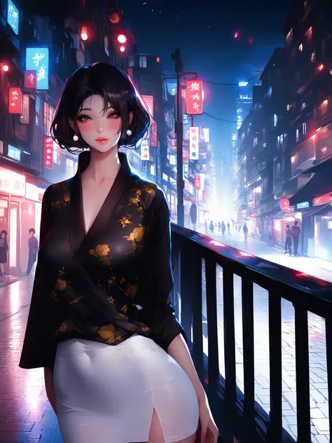 Woman standing on a balcony in the city at night, like Jiufen, On the street at night, Hongkong, Gemma Chen, Standing in the back alley, Standing on the street, Young Asian Woman, Street Photography, Wenfei Ye, Comes with a light that glows at night, Chine...