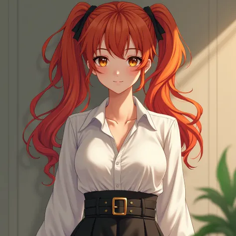 One Girl, 20 years old，Redhead，Very long hair, Twin tails，Deep yellow eyes，Big eyes，Thick and short eyebrows，Smiling gently，Open your mouth a little，White blouse，A high-waisted skirt pulled up to the chest，Skirt hanging belt，Chest accentuated by belt，whole...