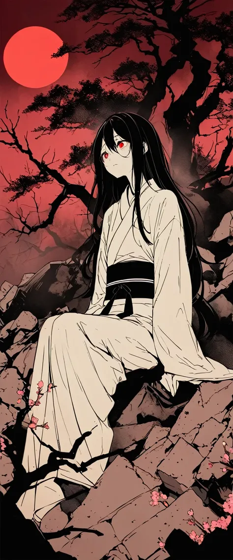 White silk kimono。Beautiful woman in the fog,Sitting on the rubble。Black Belt。to ridicule。((Flat Color)),((Calm colors))Droopy eyes。Very long black hair,Red eyes,Red tears, Dead skin。Alone。darkness。fear。Spooky atmosphere。Japan。night。cherry blossoms。full mo...