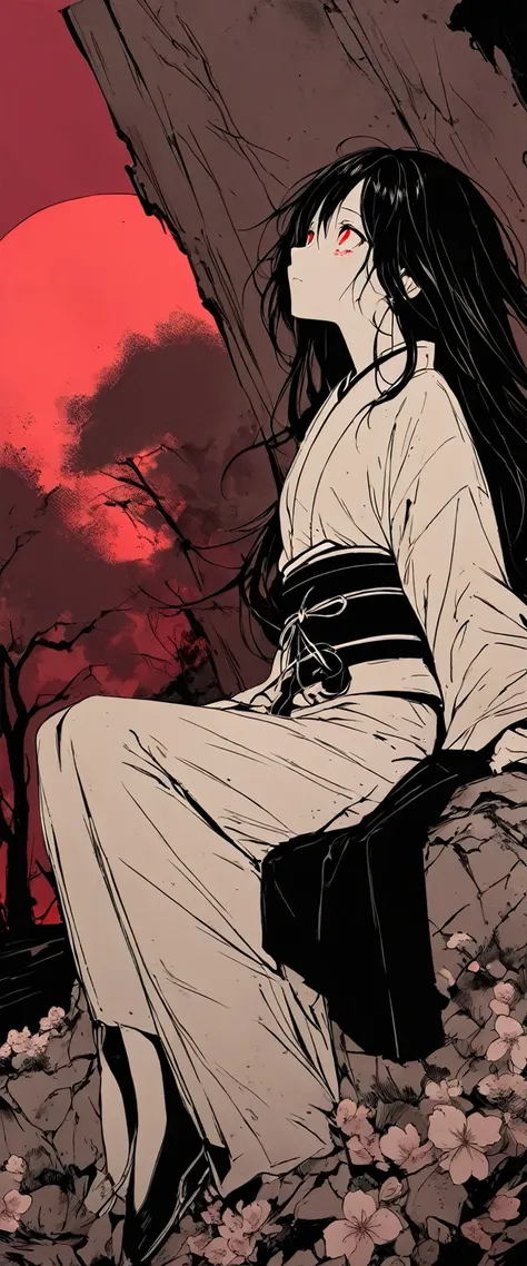 White silk kimono。Beautiful woman in the fog,Sitting on the rubble。Black Belt。to ridicule。((Flat Color)),((Calm colors))Droopy eyes。Very long black hair,Red eyes,Red tears, Dead skin。Alone。darkness。fear。Spooky atmosphere。Japan。night。cherry blossoms。full mo...