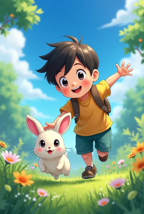 A boy anime catch a rabbit 