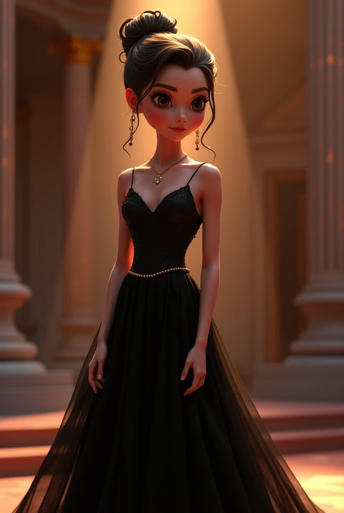 Draw 1 French girl in black evening dress, head of hair, shy face, The background is the stage of the splendid beauty pageant.. size 9x9, 3D semi drawing