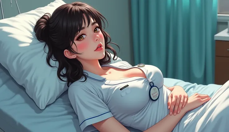 White girl, dark brown hair, red cheeks, brown eyes, medium hair，In a hospital，(Lying on a hospital bed:1.2)，(pouting her ass:1.1)，seen from the side， （（（tmasterpiece）））， （（best qualtiy））， （（intricately details））， （（ultra-realistic realism））， Ridiculous re...