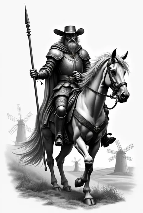 I want a tattoo design inspired by &#39;Don Quixote de la Mancha&#39;. The tattoo must show a nobleman of about 50 years old, thin and lanky, with a dreamy and determined expression. He is dressed in ancient armor that looks a little rusty and worn., ridin...