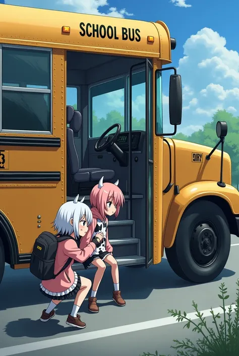 2 young girls their uniform was cow and pink hoodie white haired and pink haired they were walking on the road and had a backpack they have found an empty big school bus and entering the school bus and sitting inside of the school bus they are talking insi...