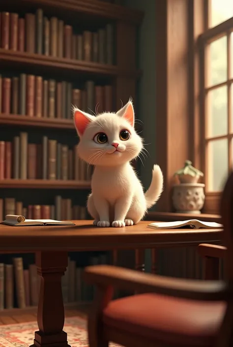 A cute cat with cinematic scene in library staring at books