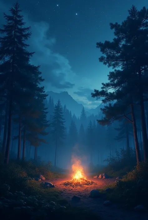 landscape, summer, Night, the forest, fire in one place, unmanned, nobody, Starry sky, HD detail, ultra-detail, movie, hyperrealism, Soft light, Deep Focus Bokeh, ray tracing, hyperrealism. , pixiv Gwise art station, Makoto Shinkai, Art-germ