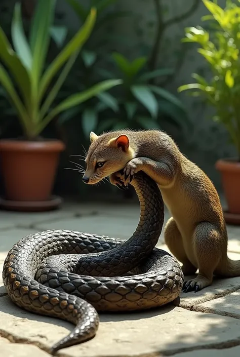 snakeA snake lies on a stone surface, with a mongoose  faligt gripping its head. The background features potted plants and some greenery, creating a natural environment. The scene captures the tense moment of a predator-prey interaction, with the snake coi...