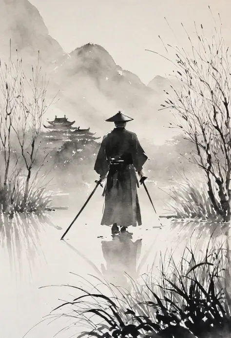 elderly，man，black and white painting，outline with black ink，smooth lines，通过墨迹的浓淡对比展现man的表情和姿态，minimalist background，emphasize li...