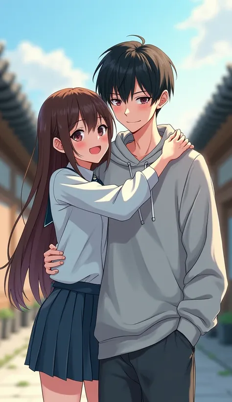 a Wattpad cover, 2 people, 1 smiling brunette girl, dressed in white school uniform, 1 black haired boy , high, dressed in trousers and an oversized grey sweatshirt, The girl hugs him from behind on his shoulders, and he has a serious expression, in the ba...