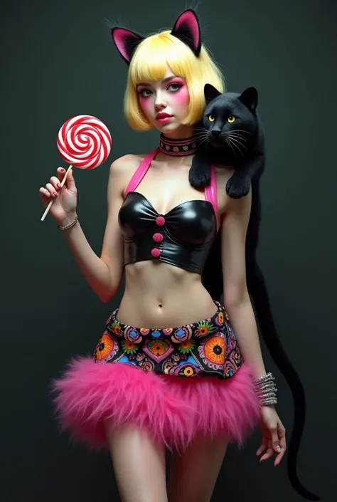 Beautiful blonde girl with short hair with bright makeup with black ears on her head in a black and pink leather top in a bright pink fluffy short skirt with a colored print skirt with a train the girl stands in full height in a relaxed pose a black panthe...