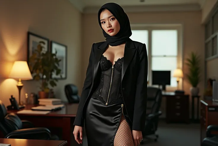 A east asian woman secretary in the satin mermaid evening gown, half naked, wear blazer, wear corset with bra expose, wear satin hijab, full body,mermaid tight long gown with high slit,wear fishnet stocking,very long flor length gown, tall women, in office...