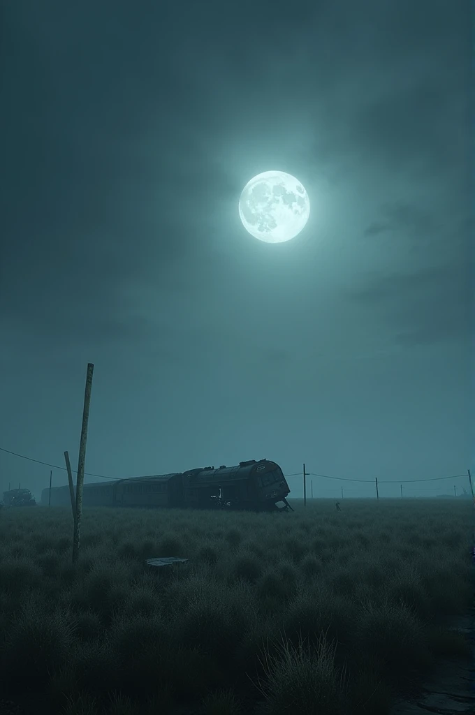 Moonlit deserted landscape: A vast open field under the moonlight with no visible sign of civilization around the derailed train.