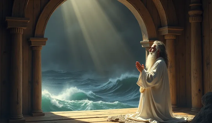 Noah prayed in the big ark, the character of the prophet Noah in a white robe and a white beard