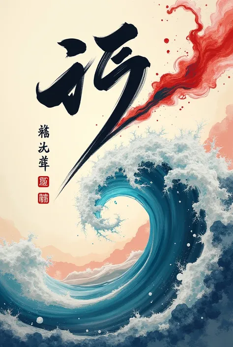 A calligraphy brush wửiting letter, with colorful wave spread on top, chinese ink painting as background, 