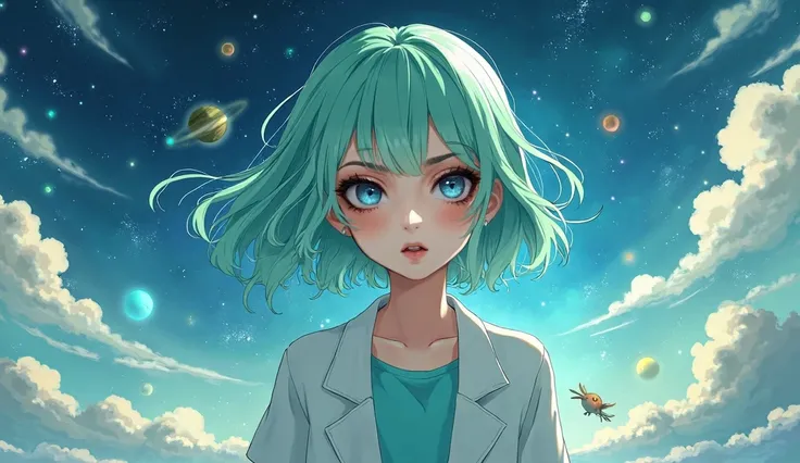 Make a anime girl in mint colour hair and eyes, with a white jacket, mint T-shirt ,Space background
