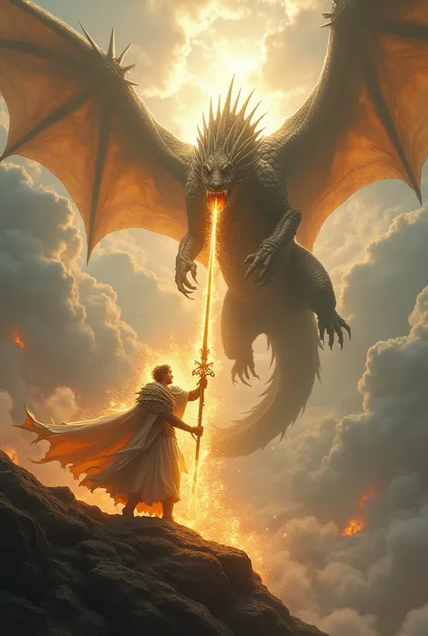 Strong looking angel with great flaming sword fighting ancient big great Dragon in heaven 