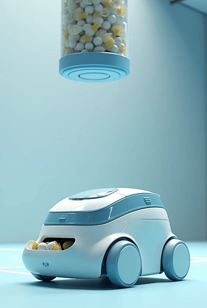 A specialized cleaning robot inspired by a badminton shuttlecock collector. The robot has a sleek white and sky-blue design, with an extended compartment designed to collect and store shuttlecocks. The robot is shown in action, gathering shuttlecocks from ...