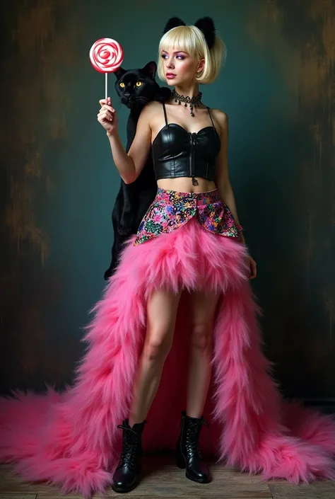 Beautiful blonde girl with short hair with bright makeup with black ears on her head in a black and pink leather top in a bright pink fluffy skirt with a colored print skirt with a train the girl stands in full height in a relaxed pose a very small black p...