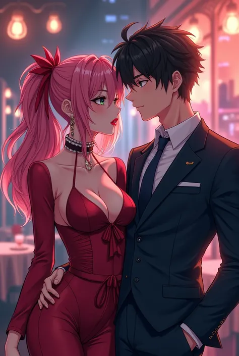 Pretty gyaru anime girl with her elegant businessman anime boyfriend