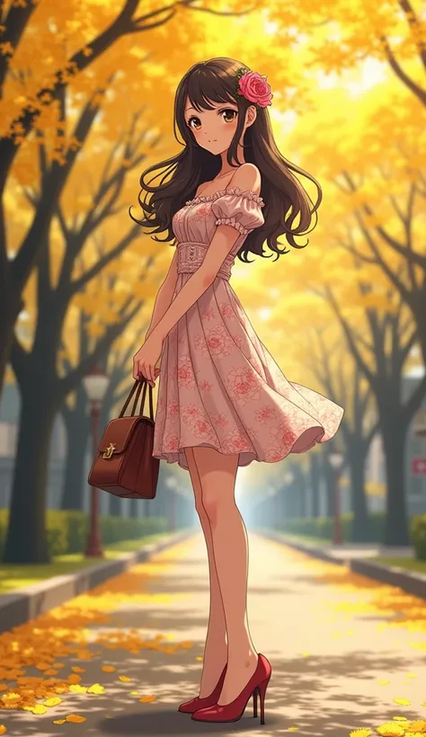 An elegant Japanese beauty，have big eyes，Showing intellectual innocence and playfulness, holding a leather bag in hand, long hair slightly curly, with a rose bundle in her hair, smiling lips with a sweet smile, wearing a rose dress and high heels on a stre...